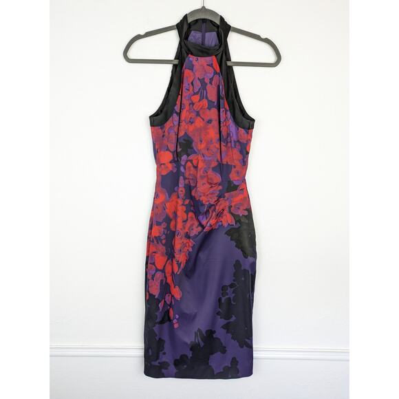 Karen Millen Dress Halter Floral Satin Cocktail Purple Red Black Designer Size 6 - Picture 3 of 13